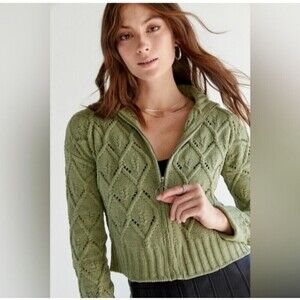 NWT Pink Republic Terry Chenille Pointelle Zip‎ Cardigan Large Willow Green